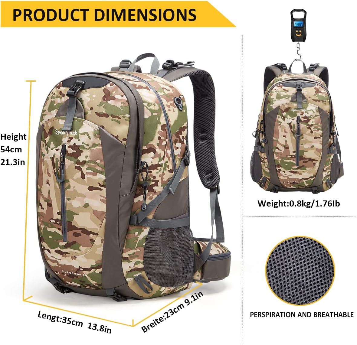 SPEEDPARK Hiking Backpack 40L Waterproof Hiking Daypack with Rain Cover, Outdoor Trekking Travel