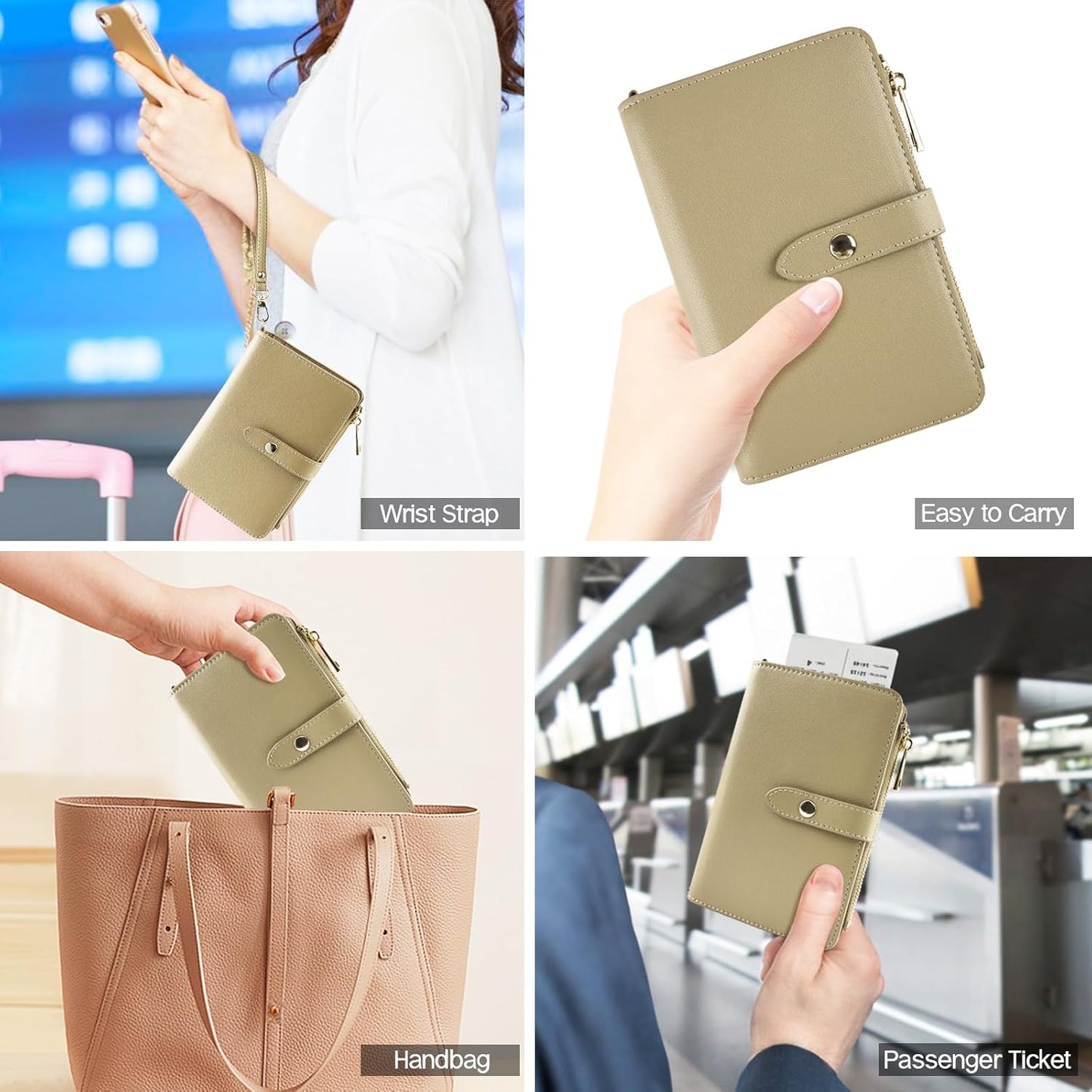 Real Leather Wallet Waterproof RFID Passport Holder Family Travel Black (Khaki)