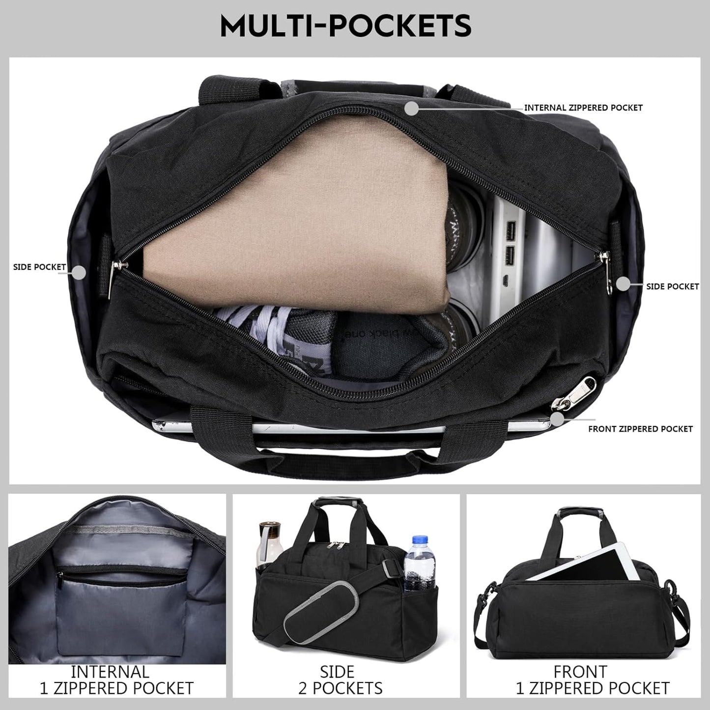 14 inch Small Gym Bag for Women & Men, Mini Duffel Bag for Travel Sports Lightweight Carry On Bag, Black