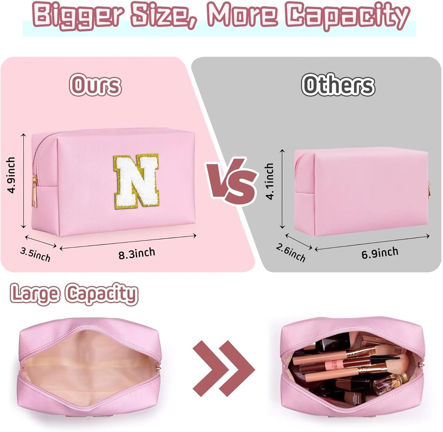 TOPEAST Women's Pink Waterproof Travel Toiletry Bag, Cute Monogrammed Makeup Pouch, Personalized