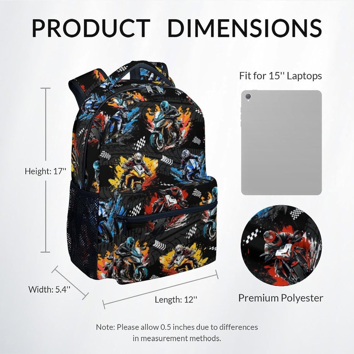 Kids Backpack - Motorcycle Backpacks for Boys - Durable Toddler Bookbag - Racing School Bag for Kindergarten/Preschool/Elementary(17 Inch)