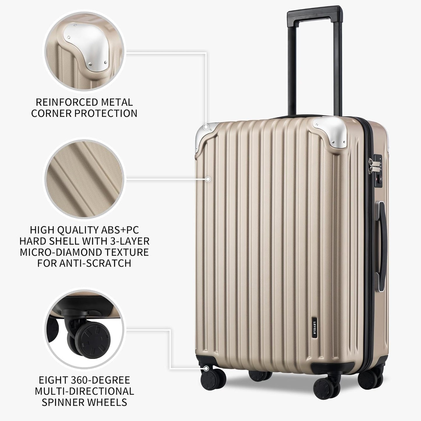 LEVEL8 Grace Luggage Sets Hardshell Suitcase with Wheels, Sturdy Large Suitcase Tsa Lock 20 Inch Expandable Carry on 24 Inch 28 Inch Checked Luggage, 3-Piece Set (20/24/28), Champagne