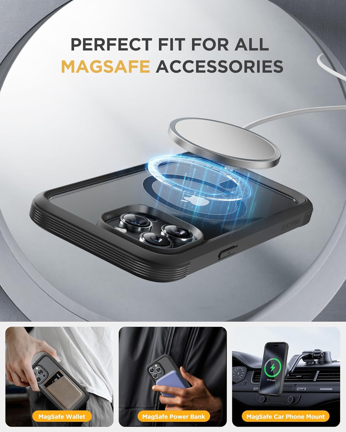Miracase Magnetic for iPhone 15 Pro Case Full-Body Phone Case with Built-in Glass Screen Protector & Camera Protector, [Compatible with MagSafe] Military Drop Proof 15 Pro Cover Bumper 6.1 inch, Black