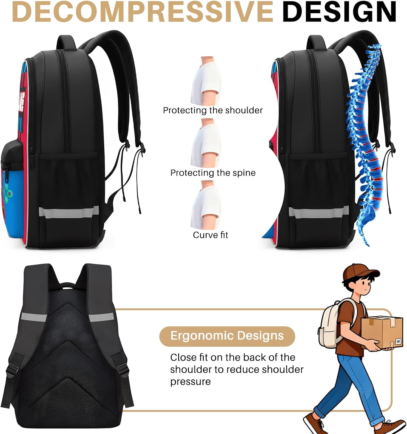Boys Gamer Backpack Set with Lunch Bag & Pencil Pouch - 3-in-1 Video Game Backpack for Children Teen Boys, Big 17 Inch School Bookbag for Middle Elementary College