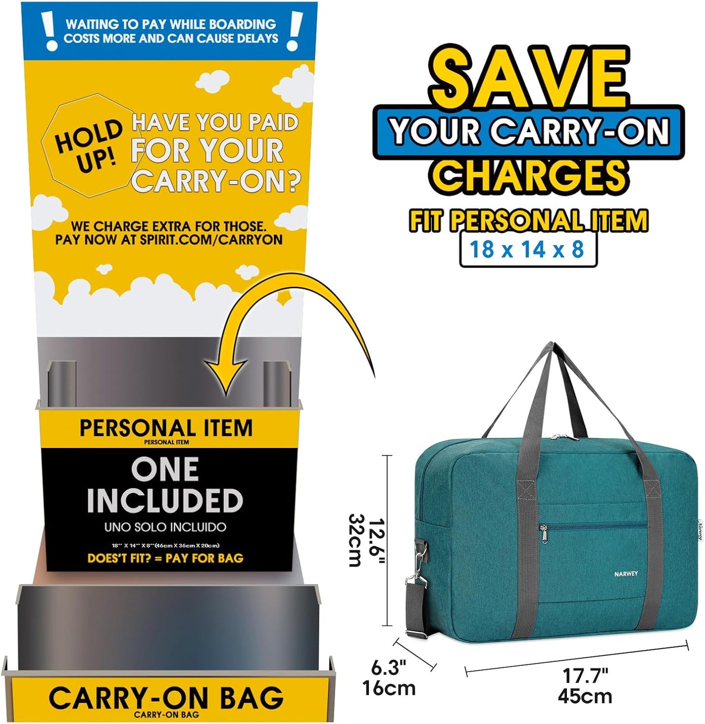 For Spirit Airlines Personal Item Bag 18x14x8 Foldable Travel Duffel Bag Tote Carry on Luggage Duffle Overnight for Women and Men