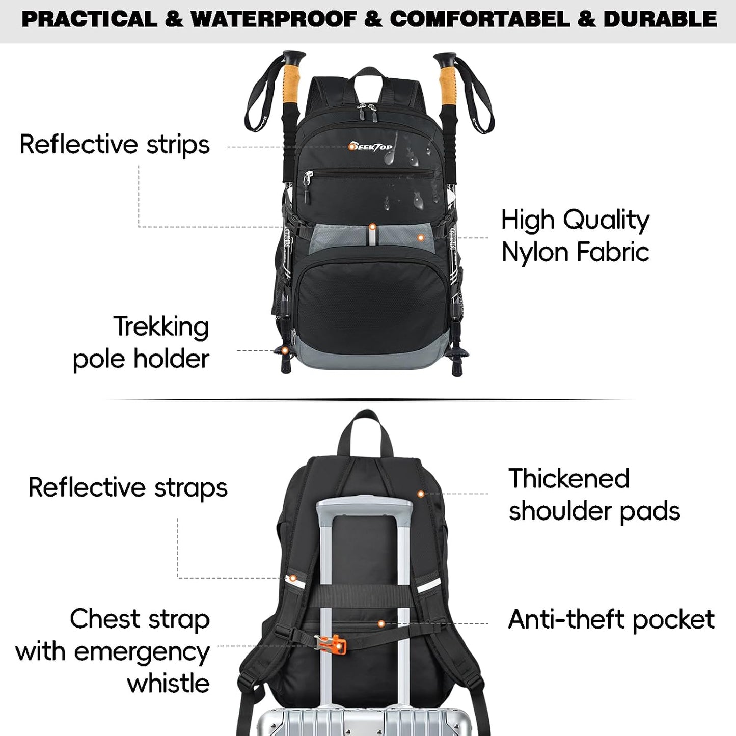 Seektop 40L Foldable Hiking Backpack for Women Men Lightweight Packable Travel Backpack Carry on Flight Approved for Outdoor Camping Sport Leisure (Black)