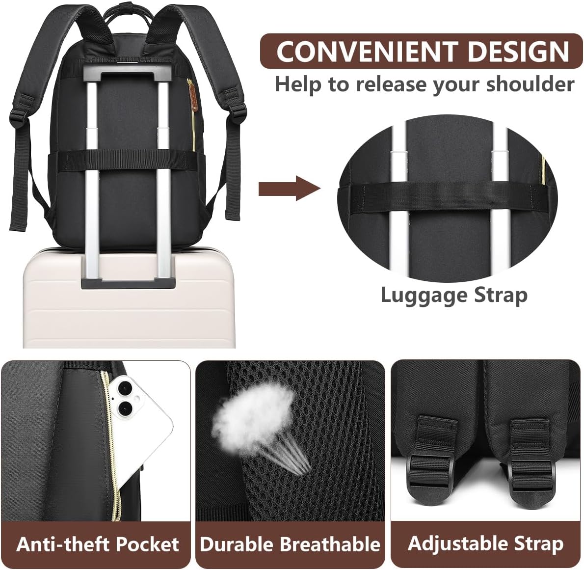 Laptop Backpack for Women College Bookbag - 17.3 Inch Fashion Travel Work Bag with USB Charger Anti-theft Business Backpacks for Nurse Teacher Beige Black Brown