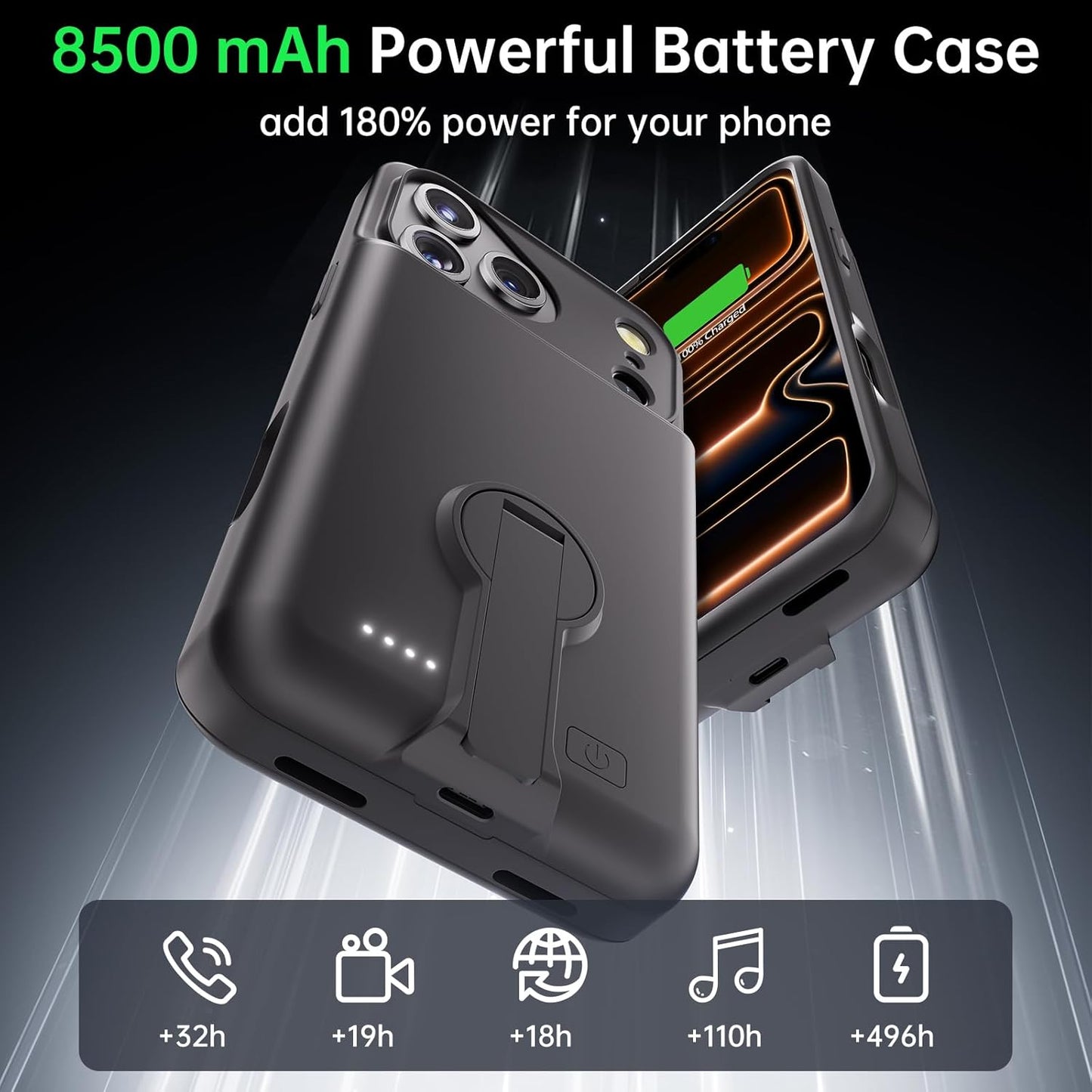 GIN FOXI for iPhone 17 Pro Max Battery Case with Stand, Charging Case Charger 8500mAh Ultra-Slim Lightweight Powerful Battery Pack 15W Fast Rechargeable Anti-Fall TPU Juice Box (6.9") Black