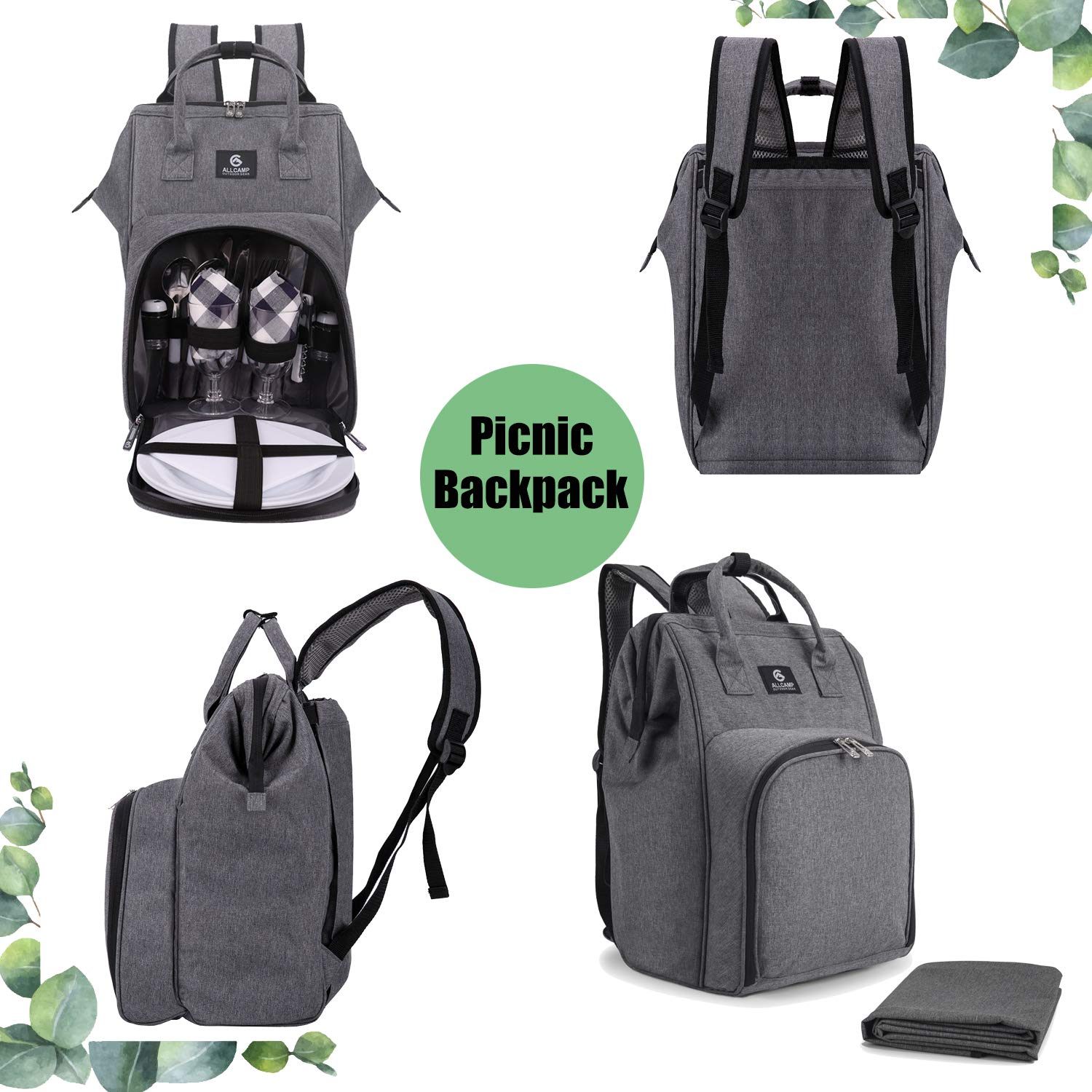 ALLCAMP Picnic Backpack, 2-Person Set with Blanket and Wine Holder, Gray
