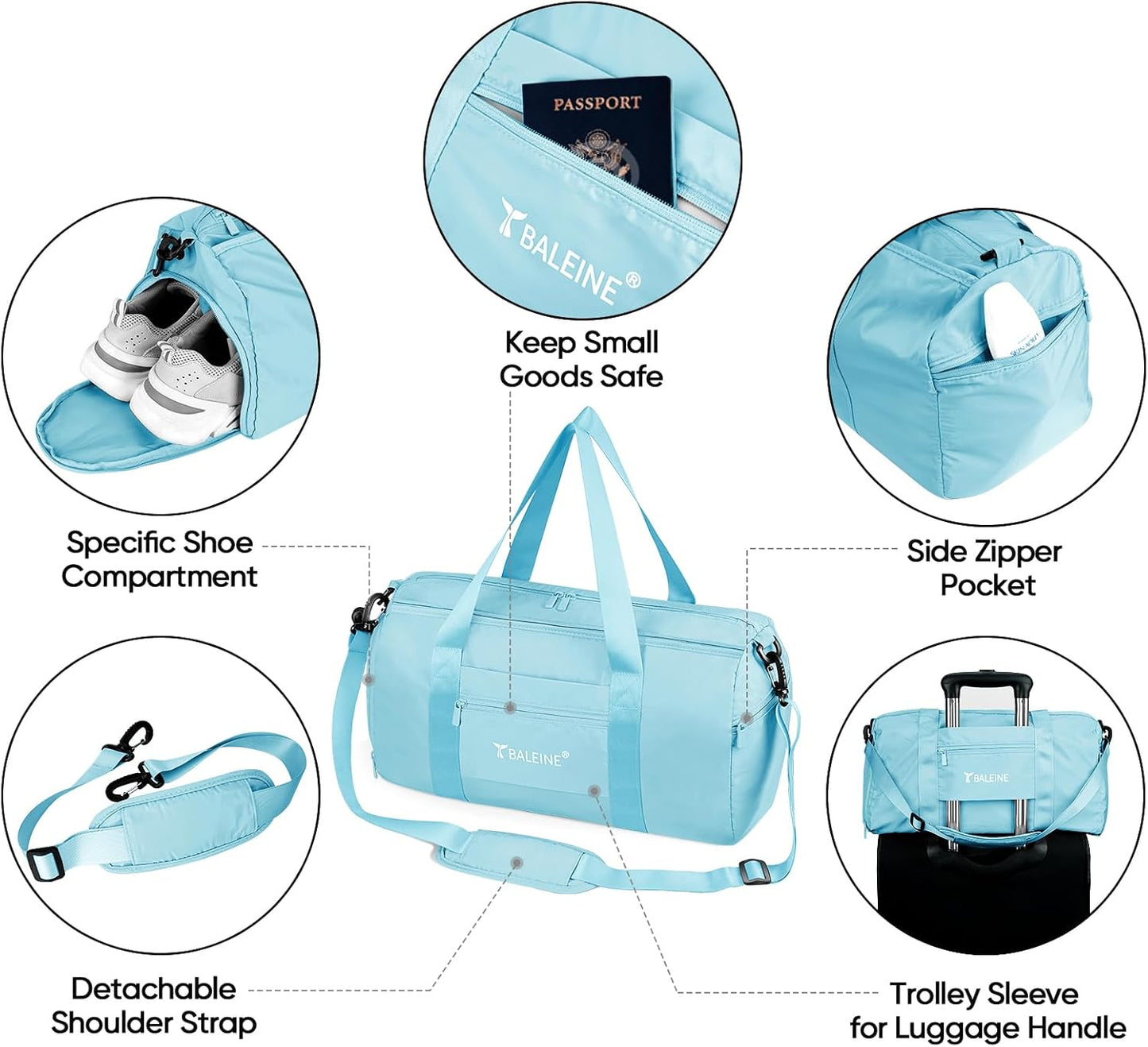 BALEINE Gym Bag for Women and Men, Duffel Bag for Sports, Gyms and Weekend Getaway, Waterproof Dufflebag with Shoe and Wet Clothes Compartments, Lightweight Carryon Gymbag (Azure)