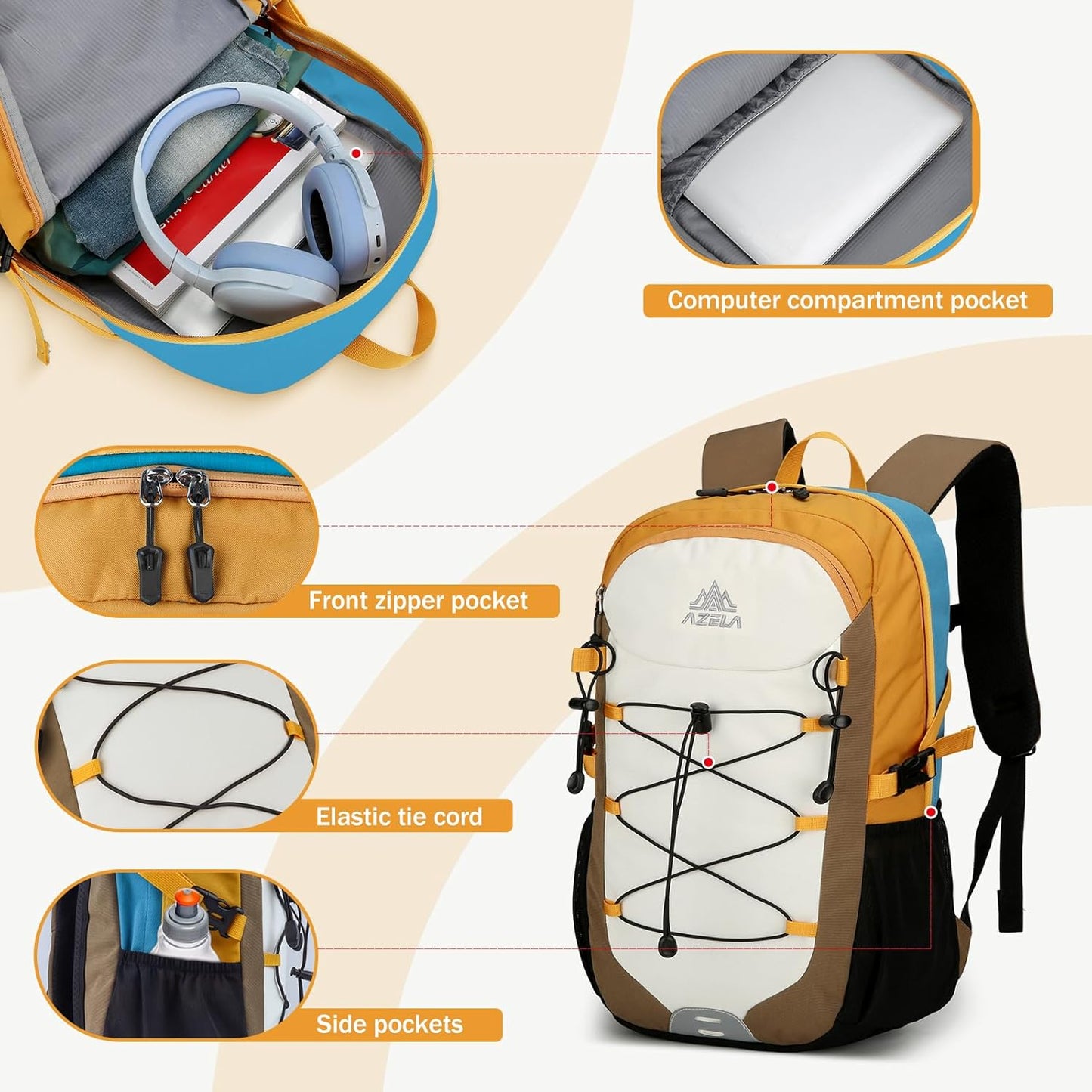 GES 30L Hiking Backpack Lightweight Water Resistant Daypack with Rain Cover & Laptop Compartment for Travel, Camping, trekking, Work(Khaki)