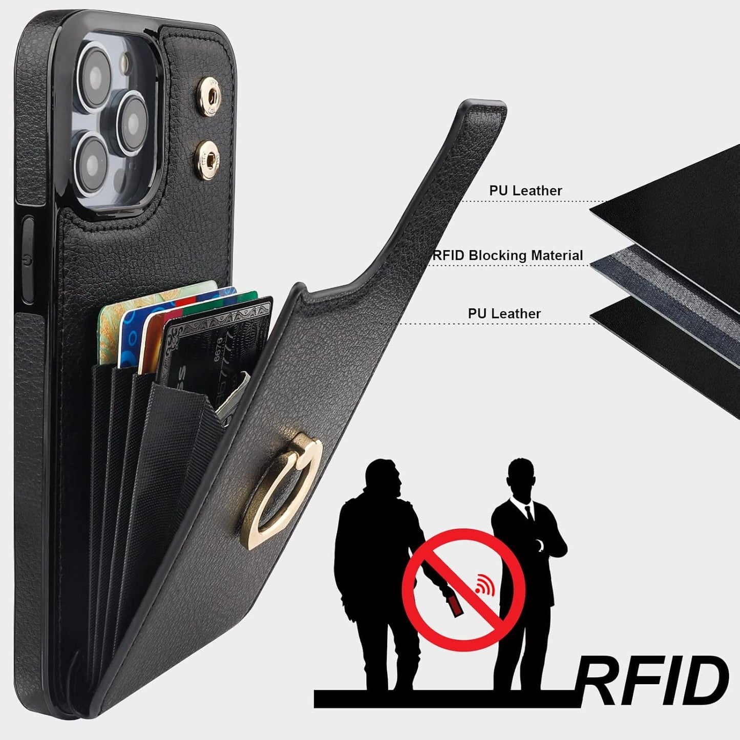 Folosu Compatible with iPhone 14 Pro Max Case Wallet with Card Holder, 360°Rotation Finger Ring Holder Kickstand, RFID Blocking Leather Protective Double Buttons Shockproof Cover 6.7 Inch Black