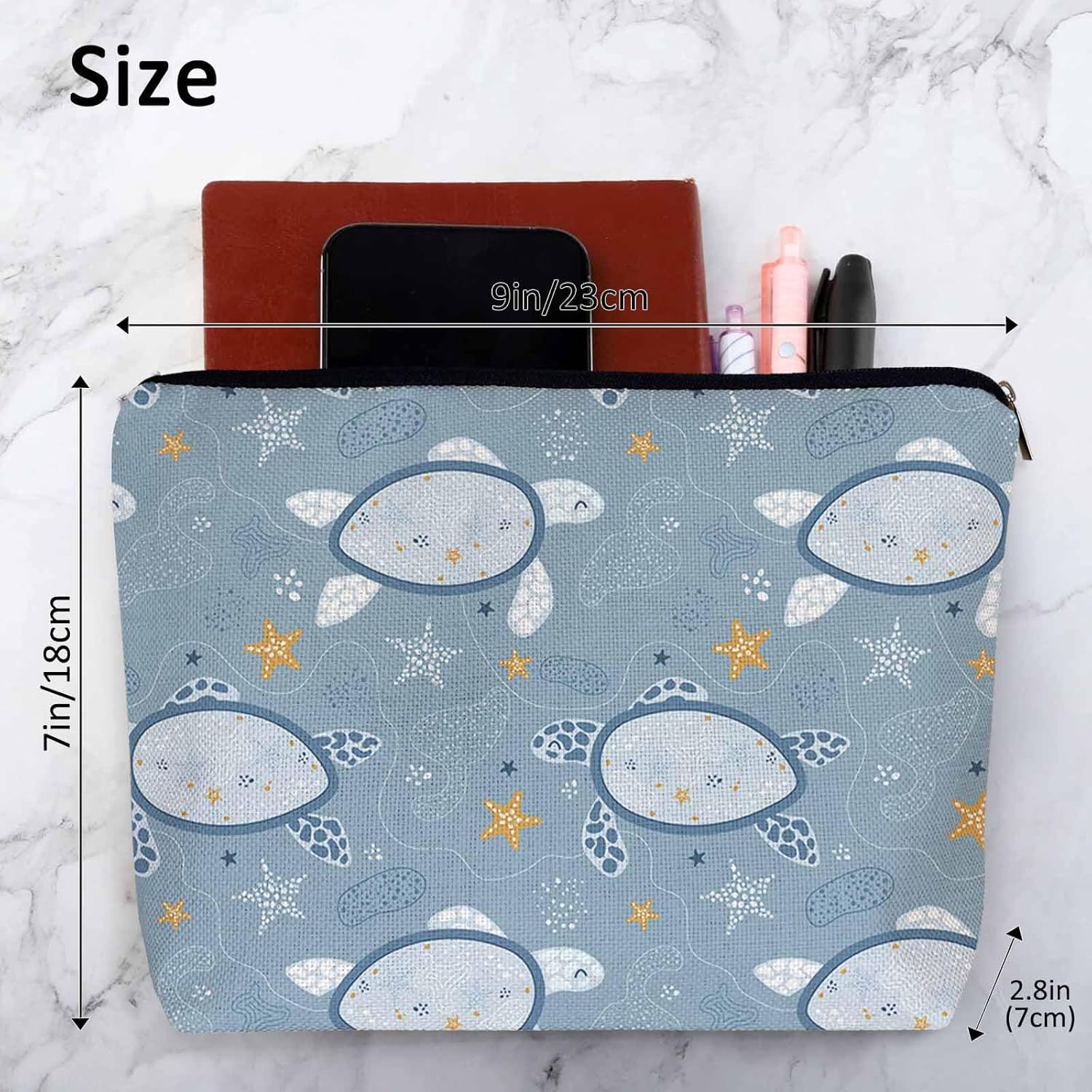Sea Turtles Makeup Bags Makeup Organizer, Tropical Ocean Sea Turtle Starfish Blue Flax Toiletry