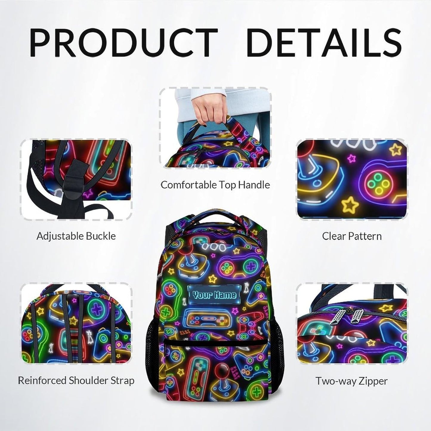 Custom Backpack - Cool Gamer Travel Backpack for Kids - 17 Inch Bookbag for Elementary Primary School - Back to School Supplies