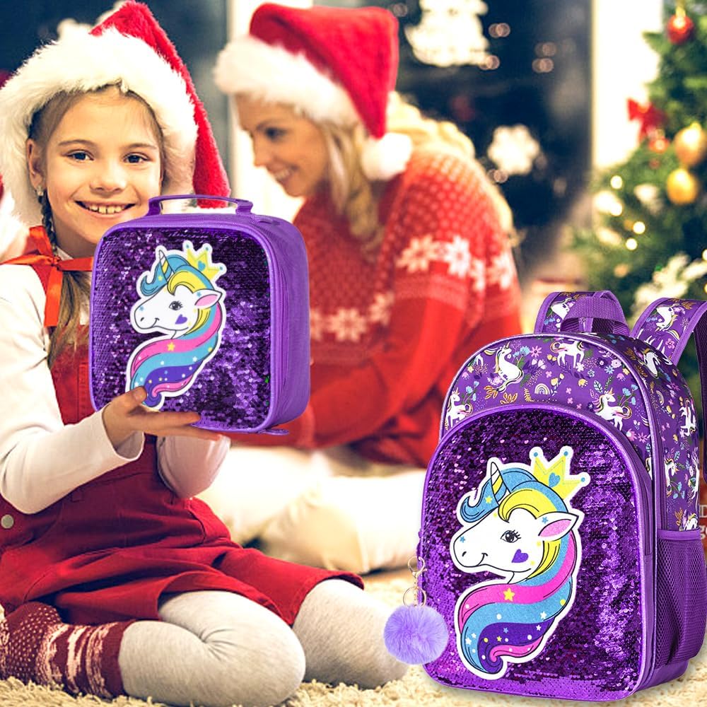 3PCS Girls Backpack, 16" Sequin Prechool Elementary Bookbag and Lunch Box