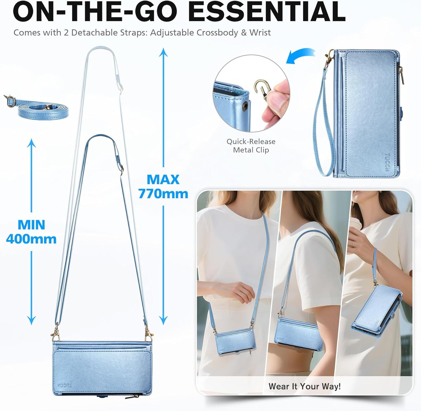 TUCCH Crossbody Detachable Wallet Case for iPhone 17 (6.3"), 9 Card Slots RFID Blocking | Wireless Charging | Wrist Strap Lanyard | Stand | Zipper Pocket | PU Leather Phone Cover | Pearly Light Blue