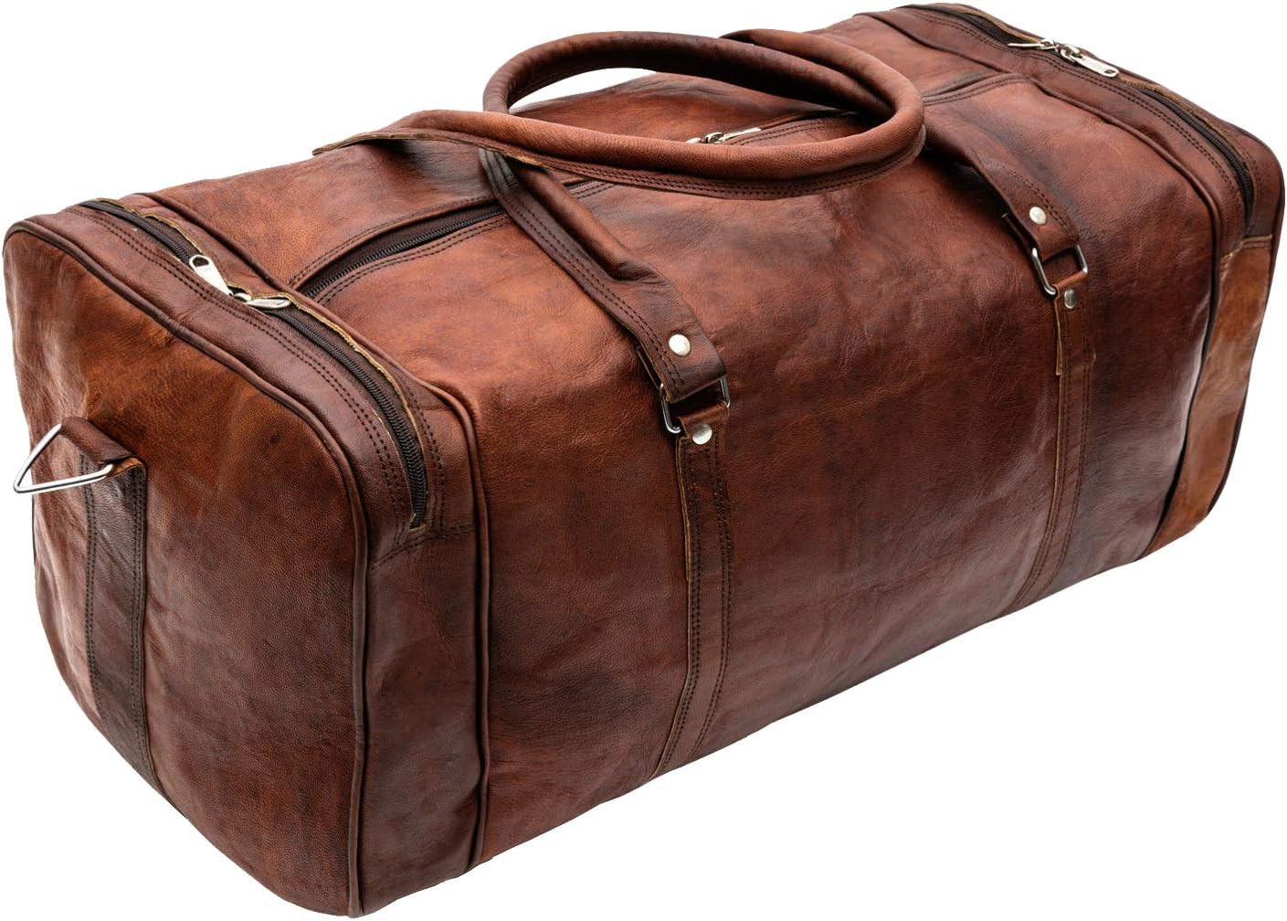 24 Inch Leather Duffle Bags for Men | Vintage Leather Travel Bags for Men and Women | Best Mens Genuine Brown Leather Luggage Weekender Overnight Duffel Carry On Full Grain Gym Sports Bag