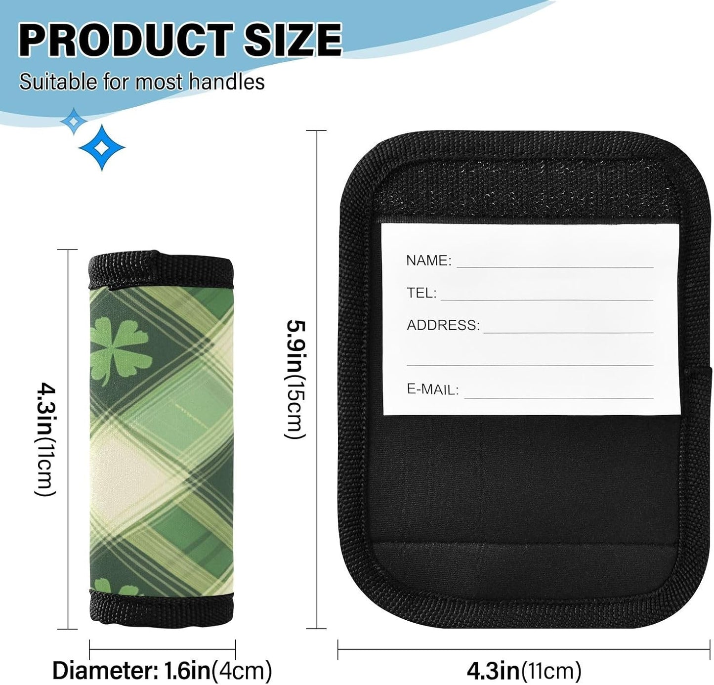 St. Patrick Plaid Clovers Green 2 Pack Luggage Handle Wraps Covers for Suitcase Identifiers Bag Tags Travel Accessories