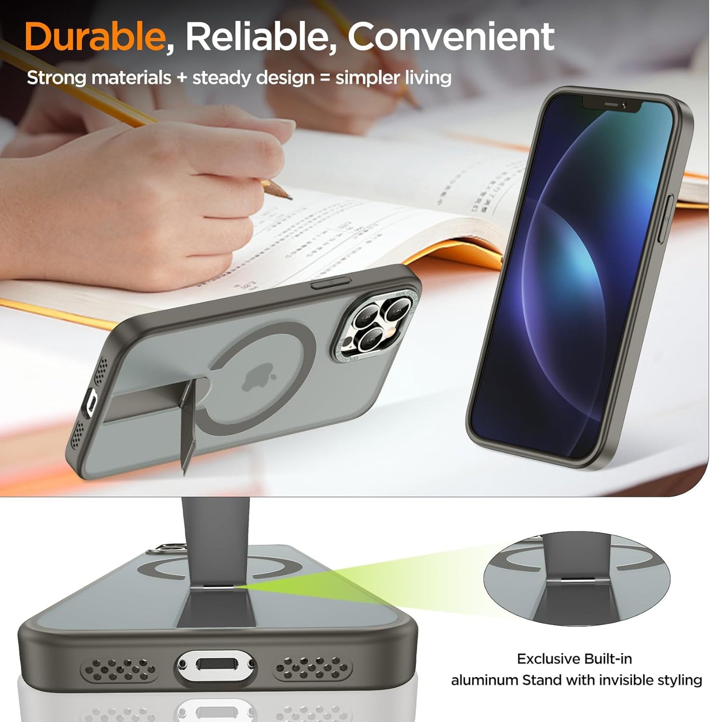 for iPhone 14 Pro Case with Kickstand, Compatible with MagSafe, [Invisible Stand] Anti-Slip Shockproof Military-Grade Protection, Magnetic Phone Case for iPhone 14Pro Cover (Gray)