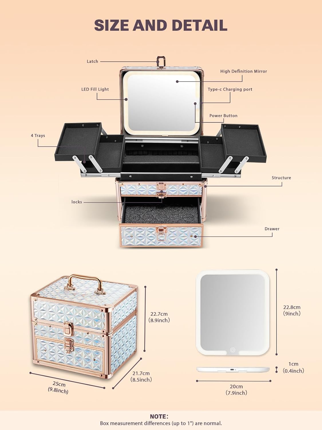 Qislee Makeup Box with Drawer and Four Trays, A Detachable Lighted Mirror, Waterproof Travel Train Case, Cosmetic Organizer and Makeup Suitcase with Magnetic LED Mirror(Sparkling Blue)
