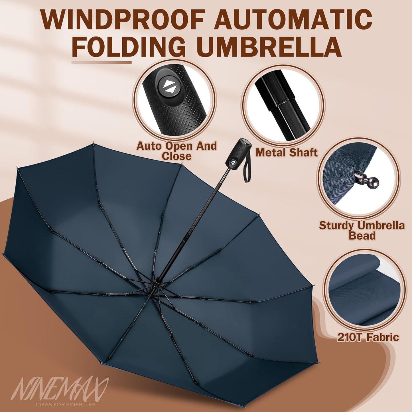 NINEMAX Travel Folding Umbrella Windproof for Men Women, Portable Compact Umbrellas Automatic Open and Close for Rain