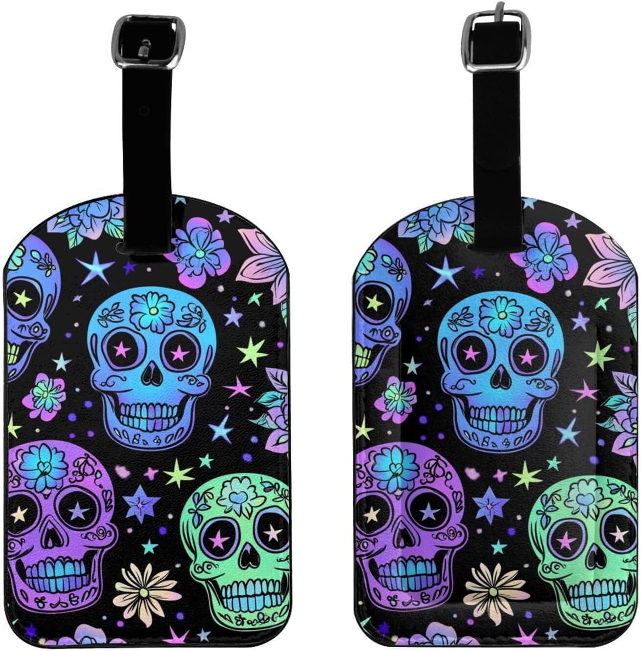Purple Neon Skull Flowers Luggage Tag Leather Suitcase Tags Cute Luggage Identifiers for Suitcases Privacy Cover Travel Name Tag for Kids Adult