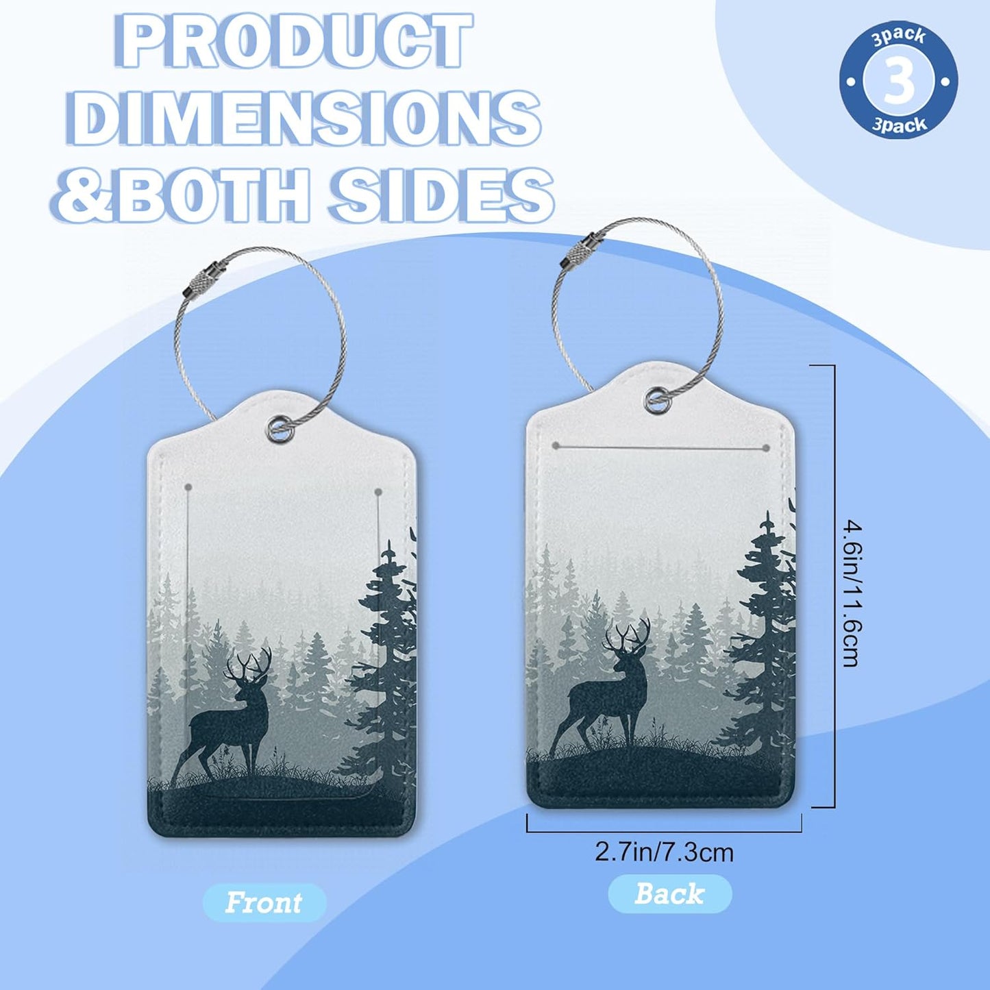 Misty Forest 3 Pack PU Leahter Luggage Tag,Deer Fog Red Sun Leather Suitcase Tags with Privacy Cover Name Address Labels and Metal Ring,Quickly Spot for Bags