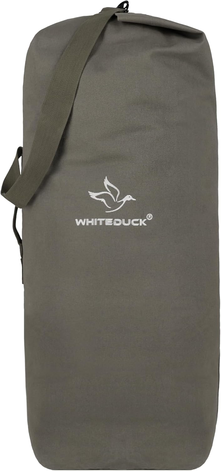 WHITEDUCK Top Load Canvas Folding Duffel Bag, Water Resistant Army Style Shoulder Bag for Men and Women- Gym, Sports, Travel, Hiking, Camping, Backpacking (Small 21" x 36",Olive)