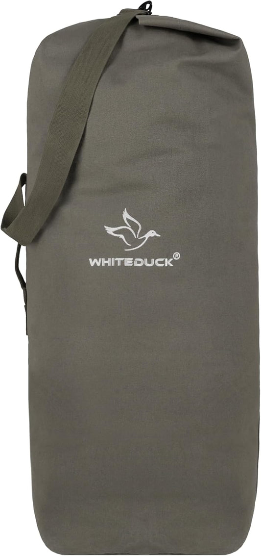 WHITEDUCK Top Load Canvas Folding Duffel Bag, Water Resistant Army Style Shoulder Bag for Men and Women- Gym, Sports, Travel, Hiking, Camping, Backpacking (Small 21" x 36",Olive)
