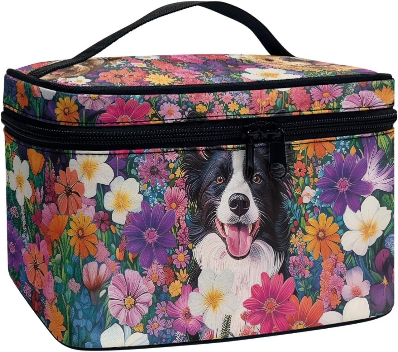 JoyLamoria Collie and Flower Cosmetic Bag Outdoor Travel Makeup Bag Cute Cosmetic Wallet Coin Purse for Teens