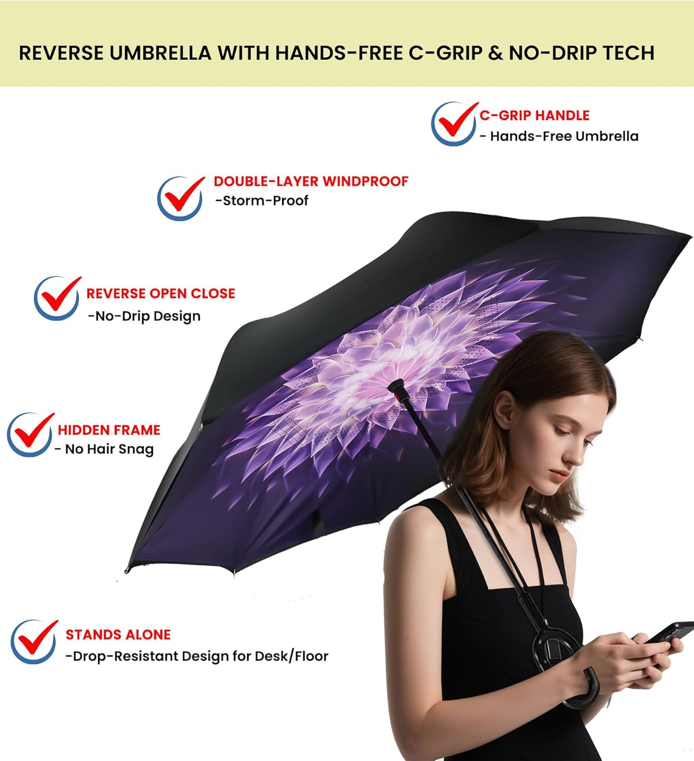 SIEPASA 49/56 Inch Inverted Reverse Upside Down Umbrella, Extra Large Double Canopy Vented Windproof Waterproof Stick Golf Umbrellas with C-shape Handle.