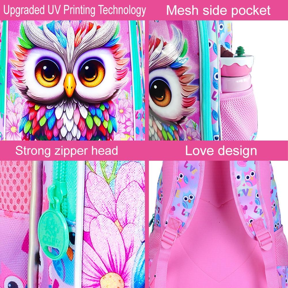 3PCS Owl Bookbag for Girls, Water Resistant Kids Bookbag Set with Lunch Box, Cute School Bag for Preschool Toddler