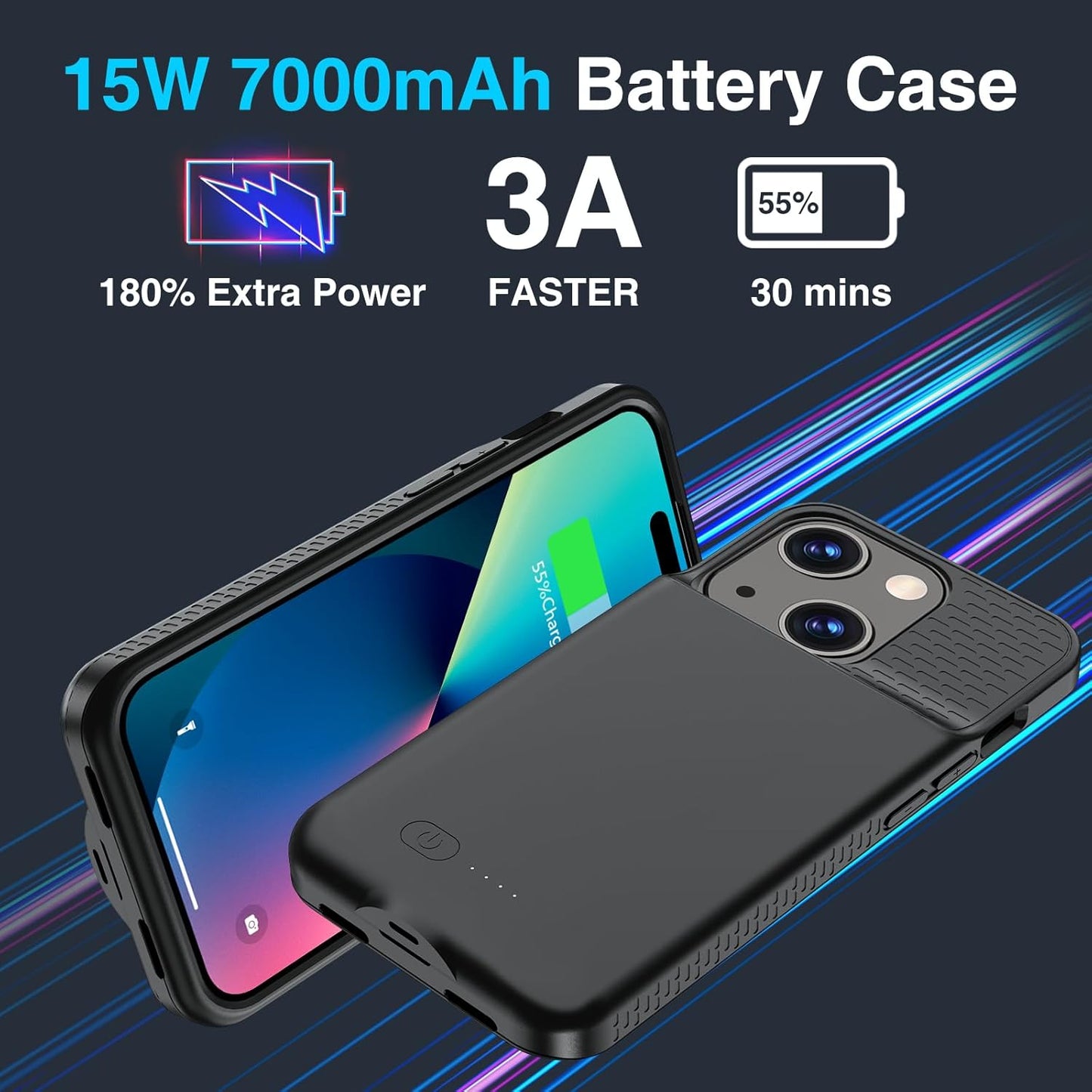GIN FOXI Battery Case for iPhone 15/15 Pro, Fast Charging Case Charger Lightweight Ultra-Slim 7000mAh Rechargeable Juice Box Anti-Fall Premium TPU Anti-Slip Cover for iPhone 15&15 Pro Black