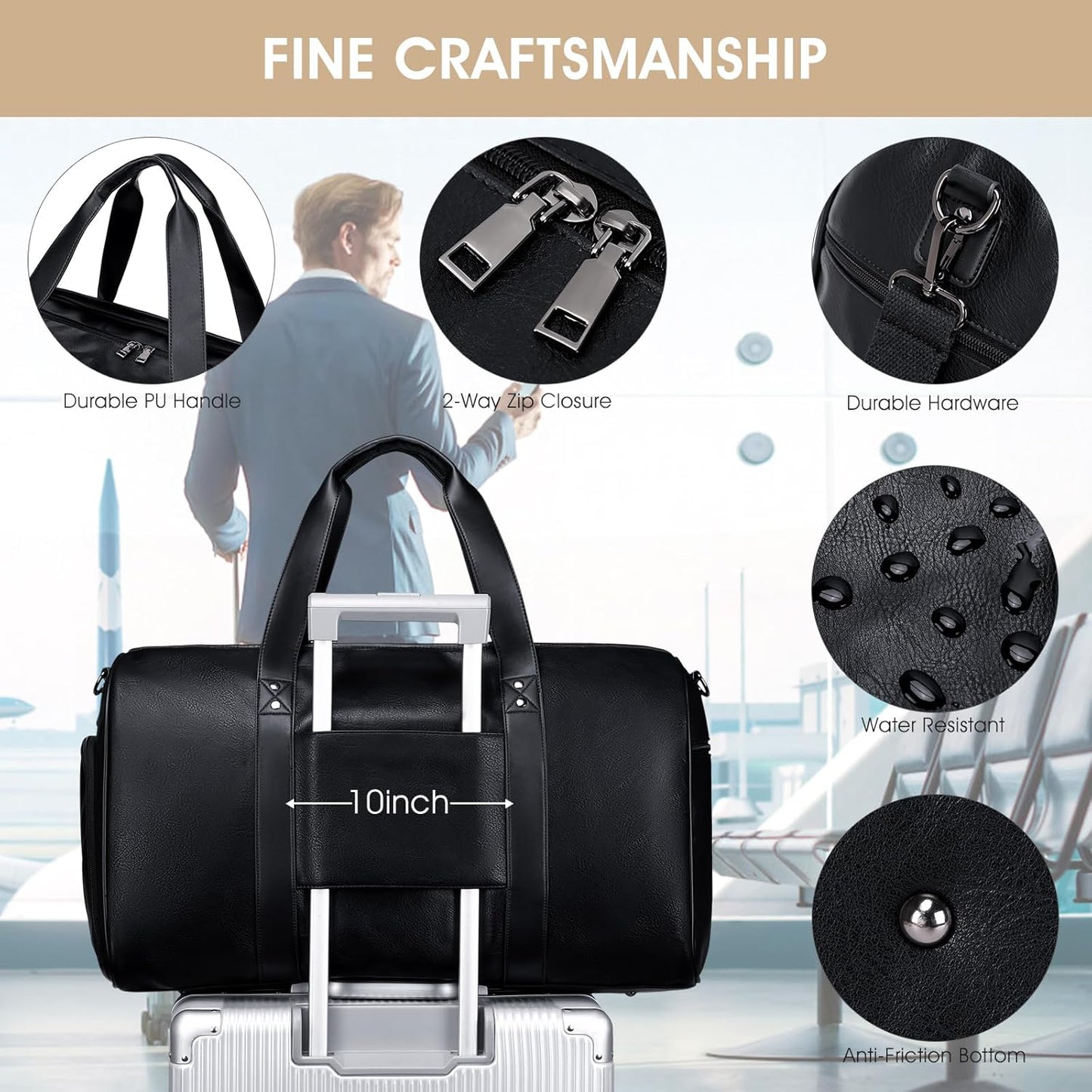 Wogarl 3PCS Leather Weekender Bag for Women Men: Large Overnight Travel Duffel Bags with Shoe Compartment Toiletry Packing Cube Carry On Tote Fit 21"(Black)
