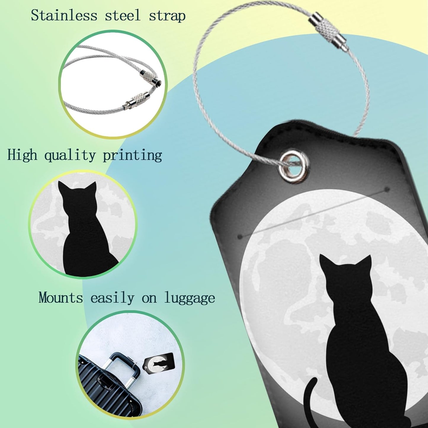 Halloween Luggage Tag,Black Cat Moon Luggage Tags of Set 2 Leather Identifiers Privacy Cover with Stainless Steel Loop for Women Men Travel Bag Suitcase