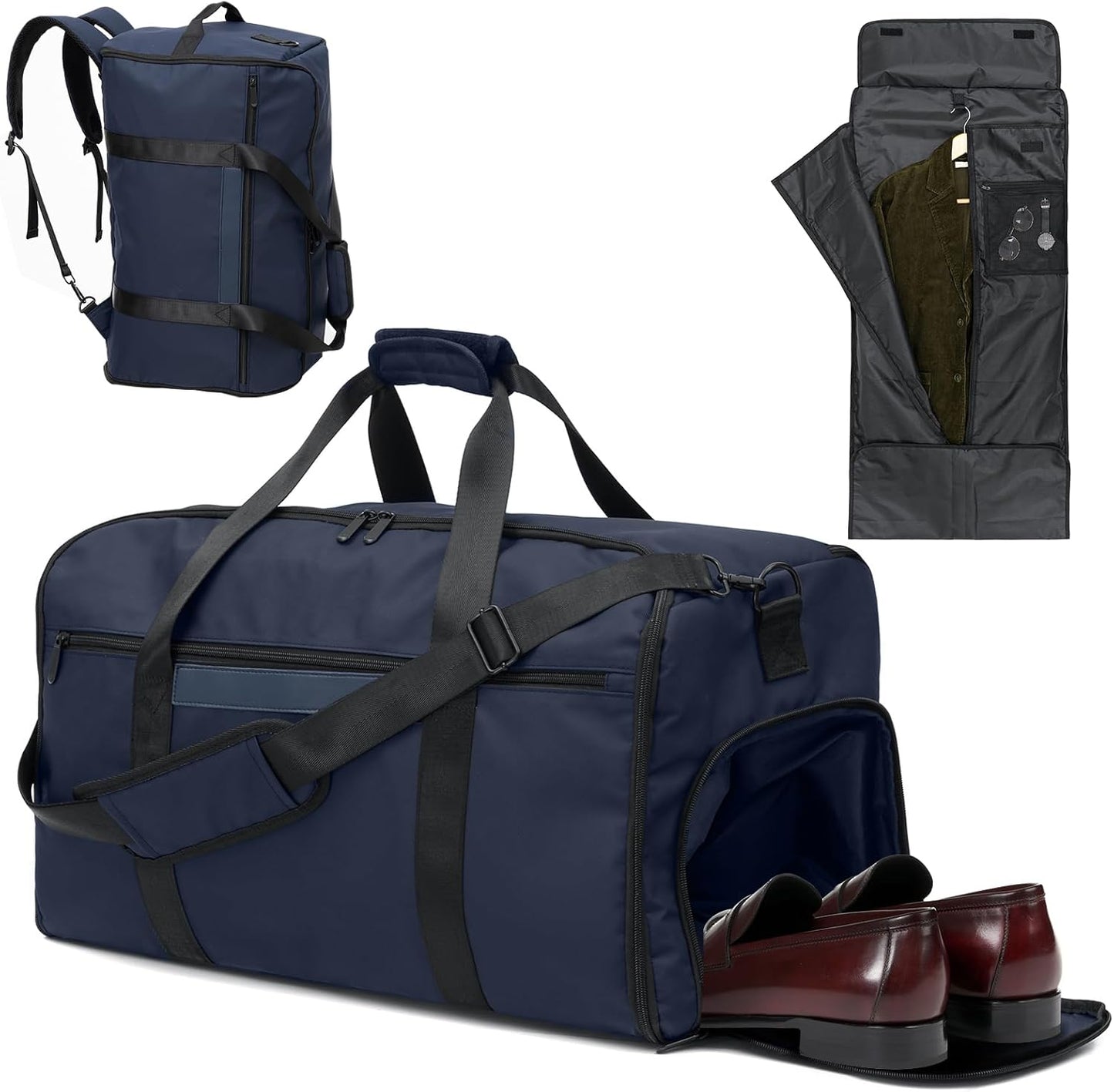 GARPROVM Garment Bags for Travel, 4 in 1 Convertible Garment Duffle Bags with Separated Suit Bag Shoe Compartment, Waterproof Carry On Luggage Bag Backpack Weekender Bag for Short Trip, Navy