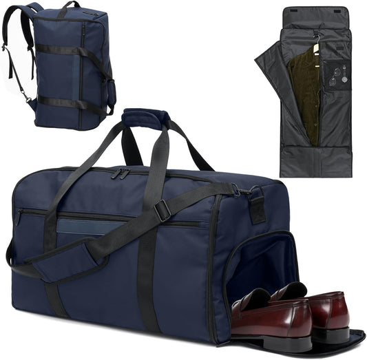 GARPROVM Garment Bags for Travel, 4 in 1 Convertible Garment Duffle Bags with Separated Suit Bag Shoe Compartment, Waterproof Carry On Luggage Bag Backpack Weekender Bag for Short Trip, Navy
