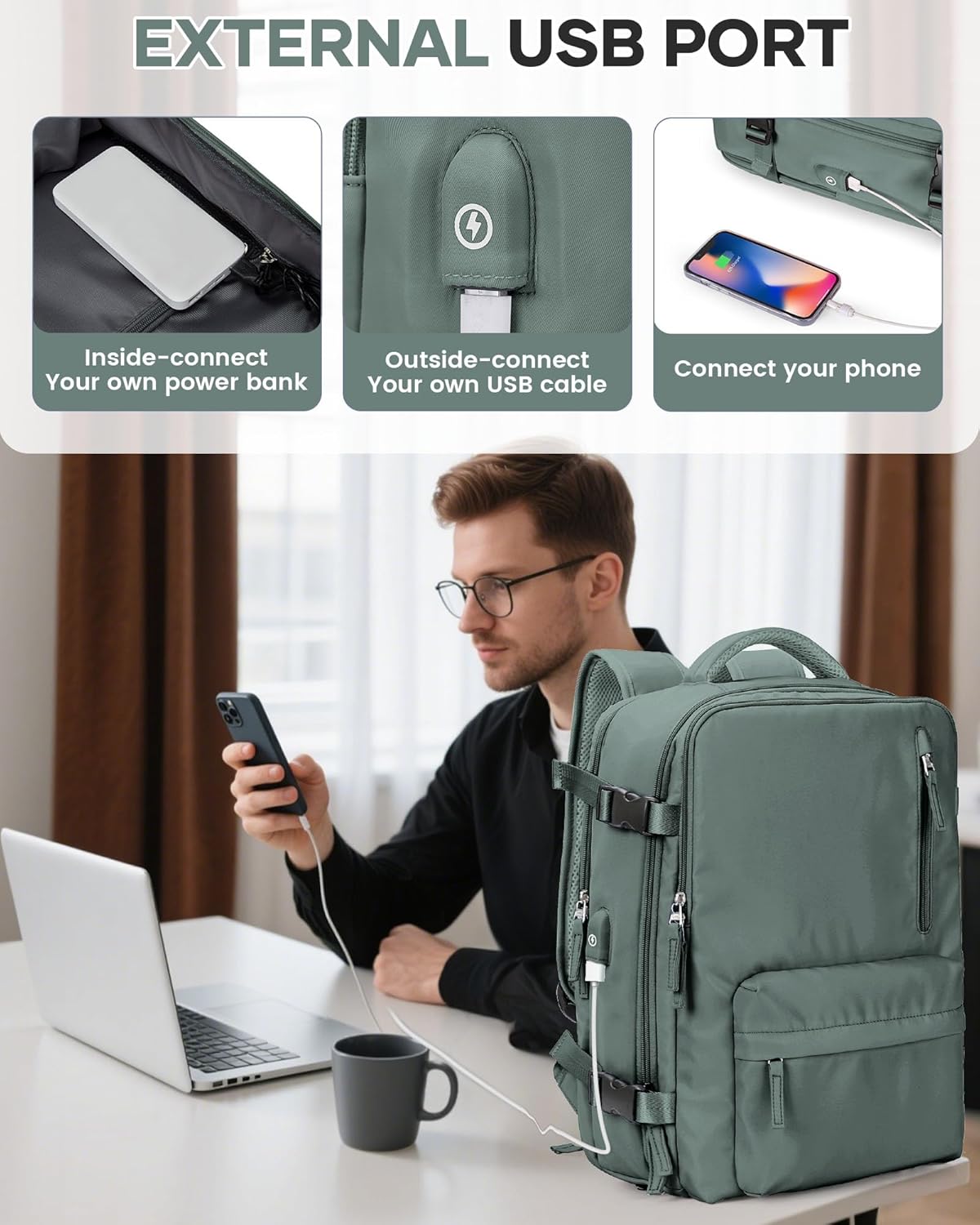 Vacuum Backpack Travel with Pump, Water Resistant Cabin Size Travel Backpack with Vacuum System, 18x14x8 Frontier Personal Item Travel Bag for Men Women Fits 16" Laptop Backpack, Army Green