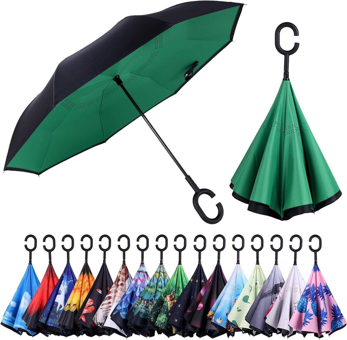 Inverted Umbrella, 49 Inch Double-Layer Vented Reverse Umbrella, Windproof Waterproof UV Protection, Lightweight C-Handle, Fiberglass Ribs, Steel Shaft, Travel/Commute/Car Use, With Sleeve