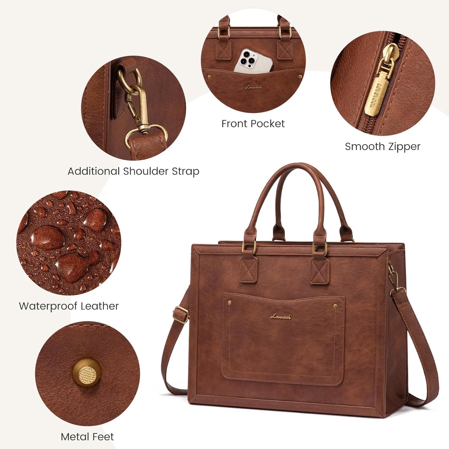 LOVEVOOK Laptop Tote Bag for Women, 17.3 Inch Work Bags, Vintage Leather Tote Bag, Waterproof Computer Bags with Clutch Purse, Large Capacity Messenger Bag for Teacher College Business Office