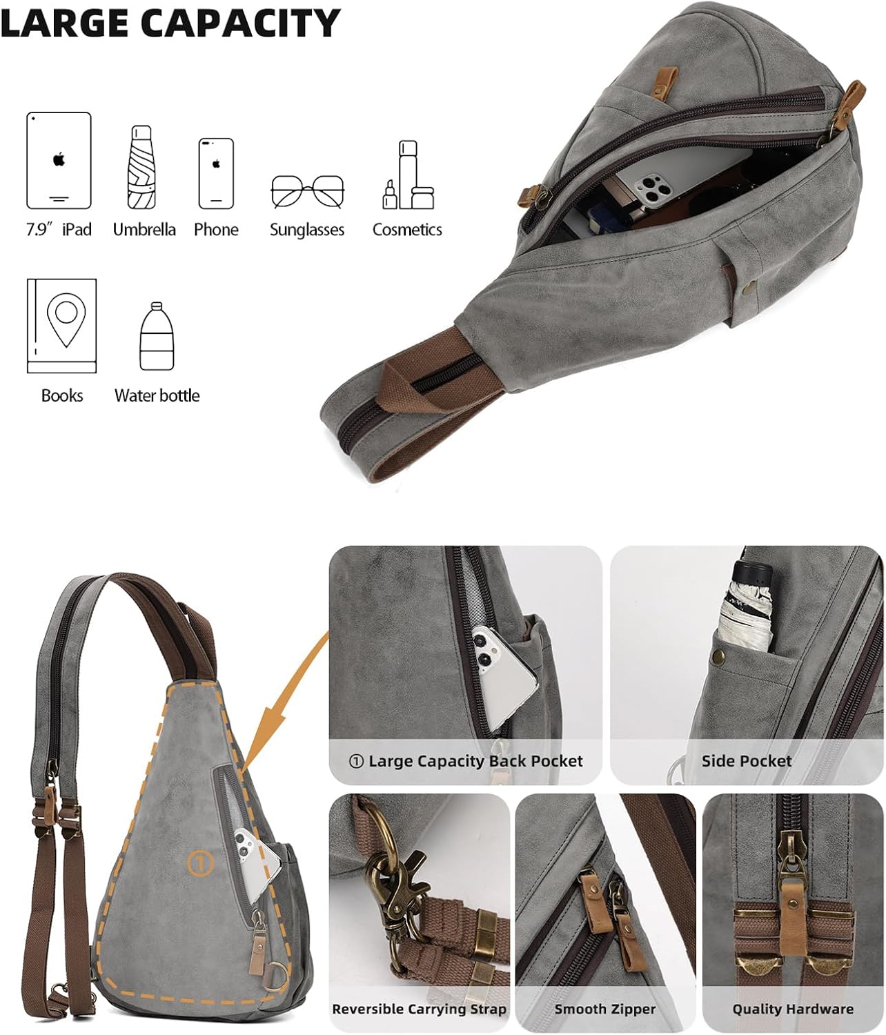 KL928 PU Leather Sling Bag - Small Crossbody Backpack Shoulder Casual Daypack Rucksack for Men