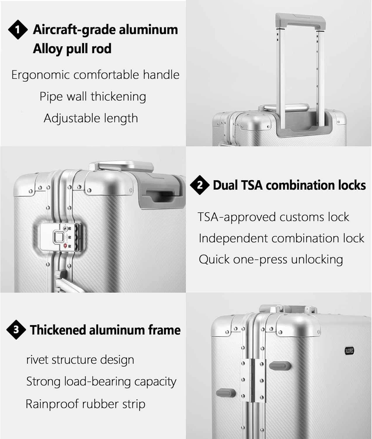 YYW Aluminum Carry-On Luggage Airline Approved Lightweight Suitcase with TSA Lock and Silent Wheels, Hardshell Spinner Business Travel (silver, 20in)