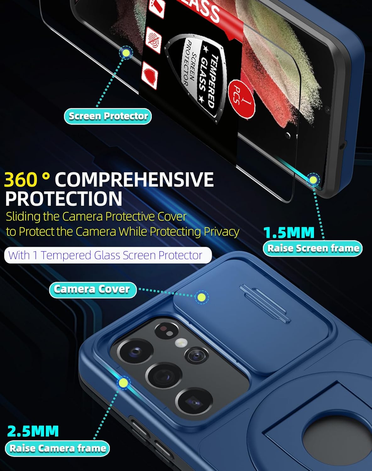 for Samsung Galaxy S21 Ultra Case Magnetic Compatible with MagSafe Wireless Charging,with Screen Protector,Built-in Stand Ring+Camera Cover Anti-Scratch Shockproof Heavy Duty Protection Blue