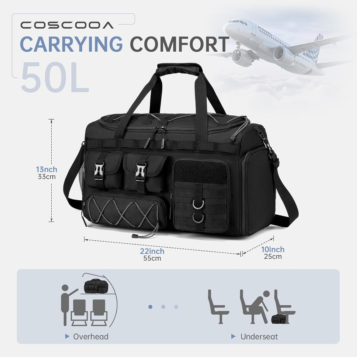 Gym Bags for Men with Shoe Compartment 50L Tactical Duffle Bag 3 in 1 Carry on Duffel Bag Travel Backpack Weekender Overnight Range Bag for Workout Football, Black
