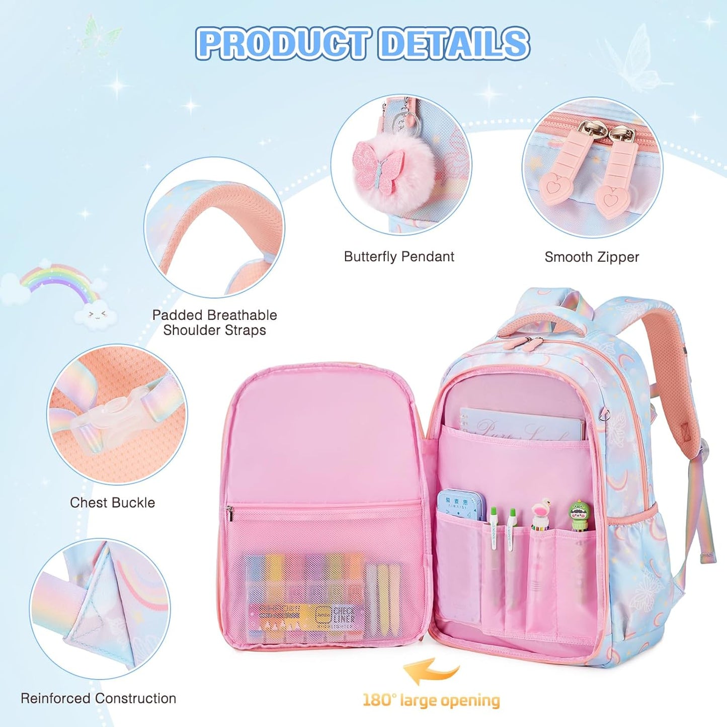 Backpack for Girls, Rainbow Butterfly Girls Backpacks with Lunch Bag Pencil Case Set, Kids Backpack
