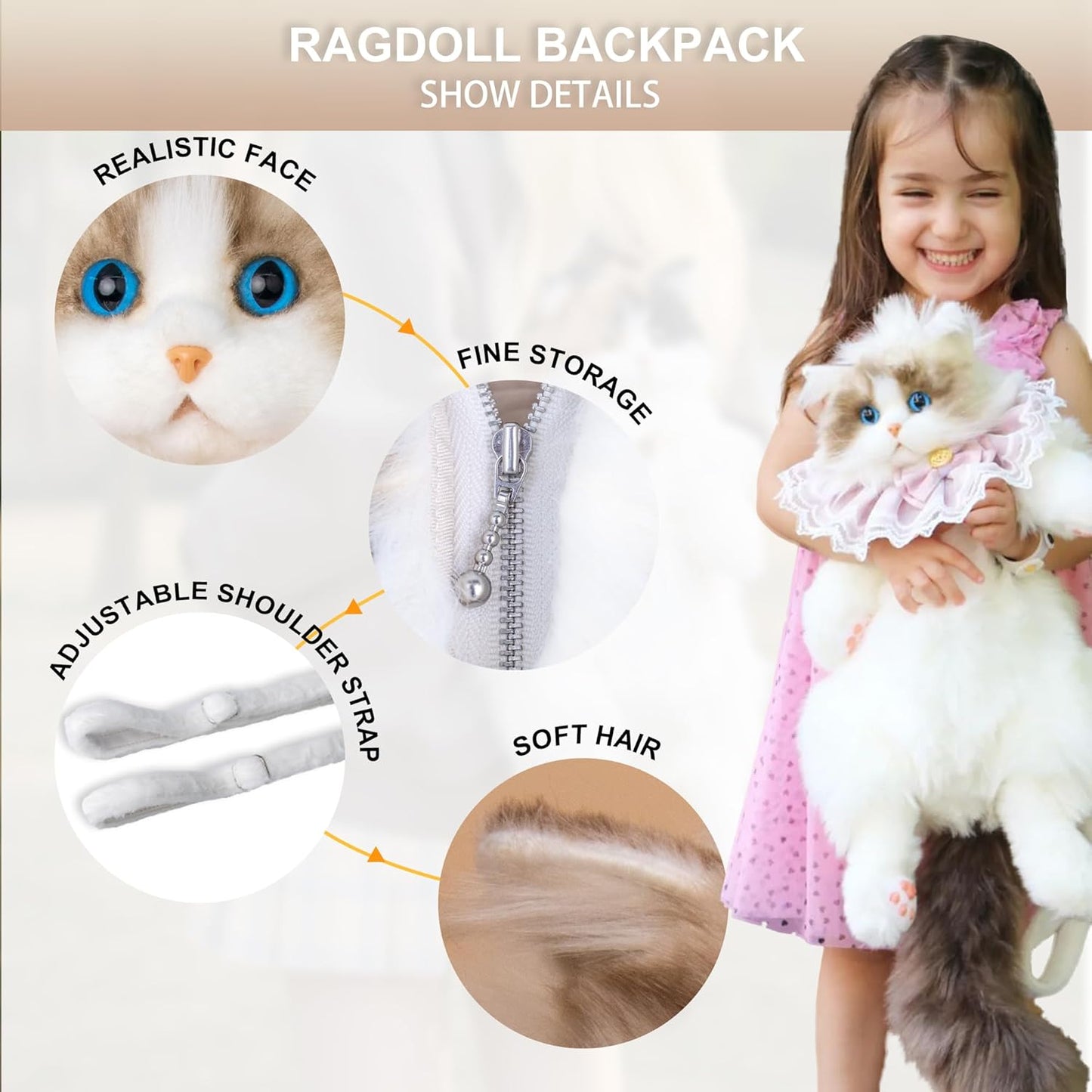 Chongker Stuffed Realistic Cat Plush Backpack - Cute and Soft Stuffed Animal Backpack with Adjustable Straps, White