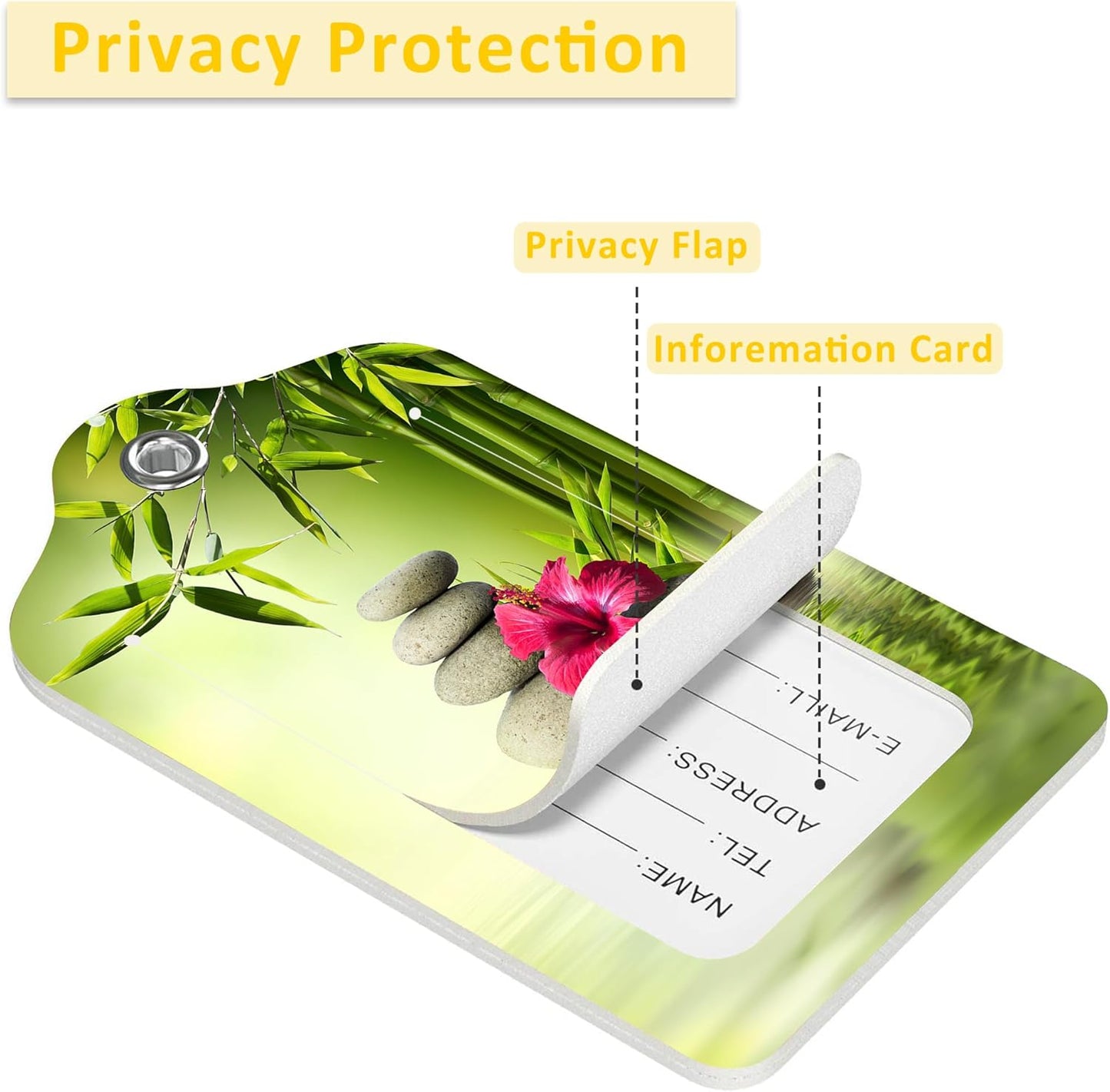 2 Pack Luggage Tags for Suitcases,Stones,Red Hibiscus and Bamboo Luggage Tag,PU Leather Id Label Luggage Tags with Stainless Steel Loop and Privacy Cover for Women Men Teens Travel