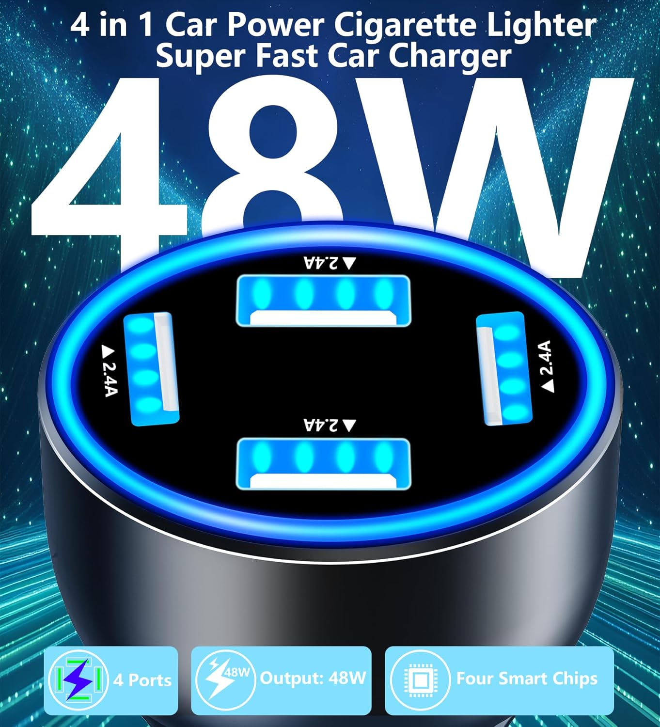 USB Car Carplay Charger, Rombica 4-Port 4.8A USB Car Power Adapter, 4 in 1 48W Fast Charging Cigarette Lighter for iPhone 17 17 Pro Max 16 15 14 13 12 11 Pro, Galaxy S25 S24 S23 S22, Pixel, iPad Pro