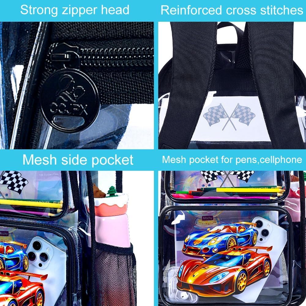 3PCS Kids Clear Backpack Heavy Duty, Cute Transparent Bookbag with Lunch Box for Boys, Black See Through School Bag - Race Car