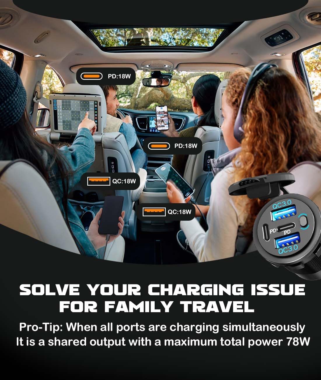 Quad-Port 12V USB Outlet with Switch & LED - 78W Dual QC3.0 & Dual PD3.0 USB C Car Charger Socket for RV Motorcycle Marine Truck Golf Cart Boat Accessories